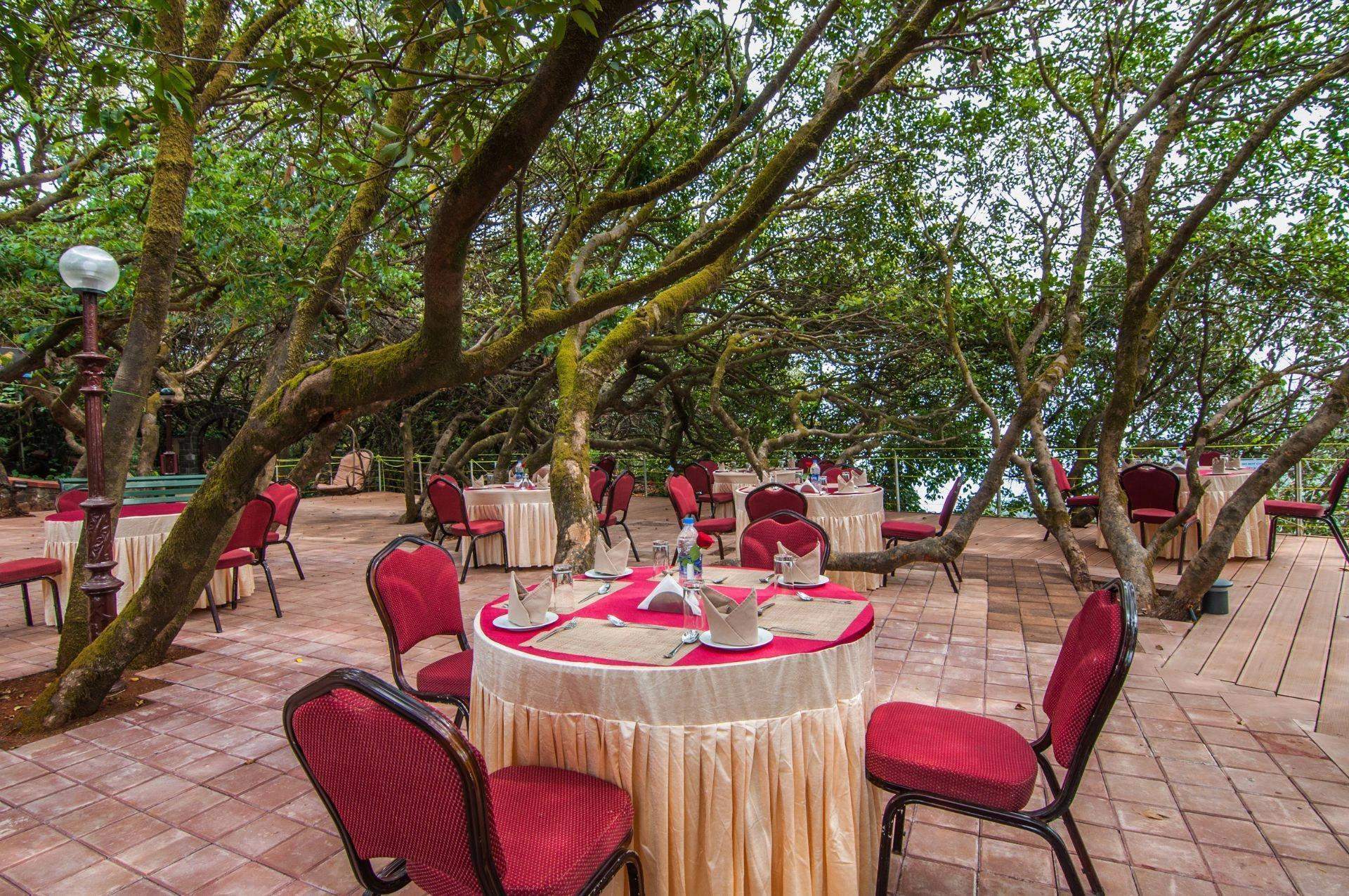 Forest canopy setup with colorful decor and furniture for an event at Ramsukh Resort, Mahabaleshwar.